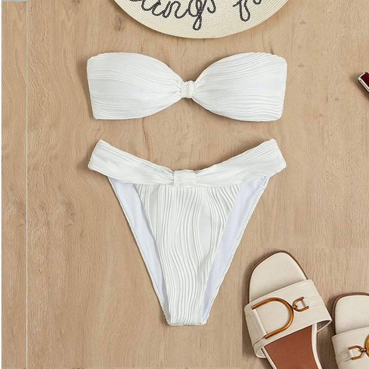 Damen Bandeau-Bikini mit modischer Raffung und hoch geschnittenem Slip Drune