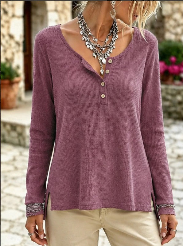 Damen Schickes Langarmshirt mit Knopfleiste Drune