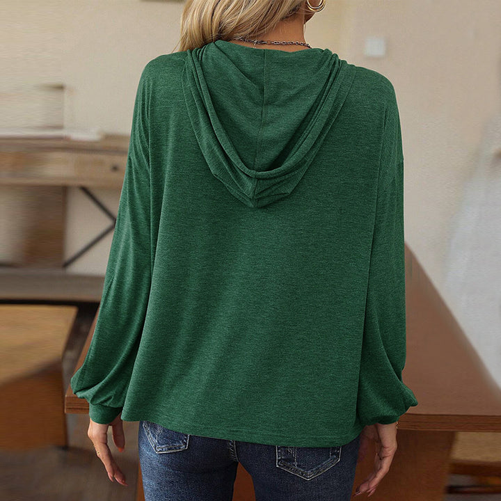 Damen lässiges Kapuzen-Longsleeve mit V‑Ausschnitt, Knopfleiste und gerafften Manschetten Drune