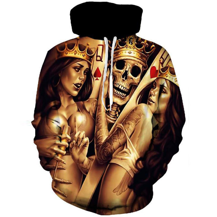 Herren Kapuzenpullover mit allover Totenkopf- und Spielkarten-Grafik Drune