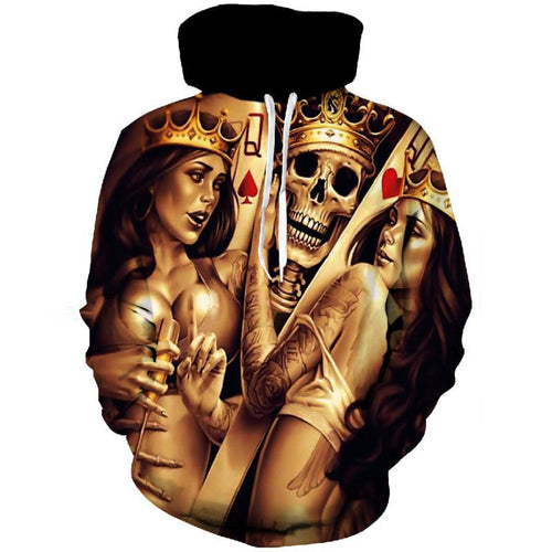 Herren Kapuzenpullover mit allover Totenkopf- und Spielkarten-Grafik Drune