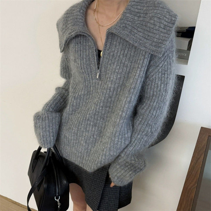 Damen Strickpullover mit großem Kragen und Reißverschluss Drune