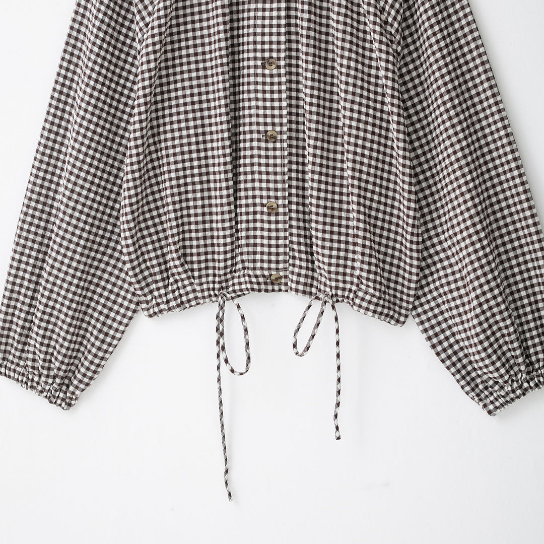 Damen Karo-Bluse mit Stehkragen, Knopfleiste und Tunnelzug-Saum Drune