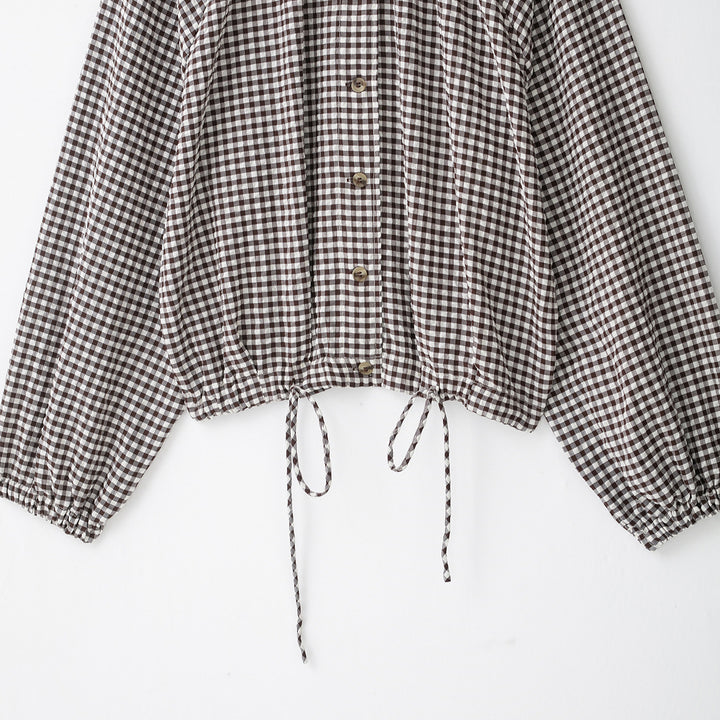 Damen Karo-Bluse mit Stehkragen, Knopfleiste und Tunnelzug-Saum Drune