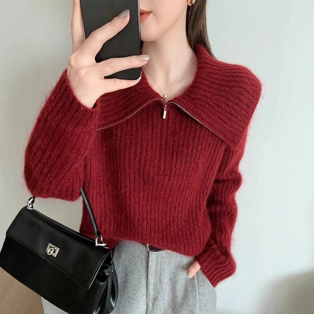 Damen Strickpullover mit großem Kragen und Reißverschluss Drune