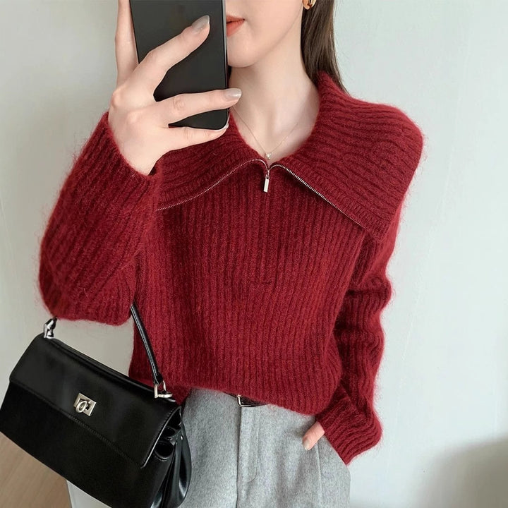 Damen Strickpullover mit großem Kragen und Reißverschluss Drune