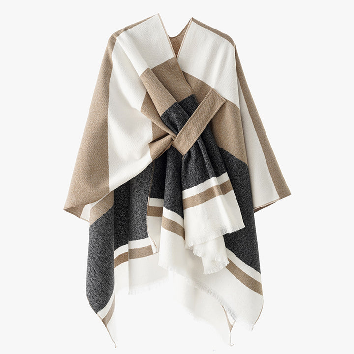 Damen Oversize-Capeponcho aus Wollmix mit Bindeschlaufe und Streifenbordüre Drune