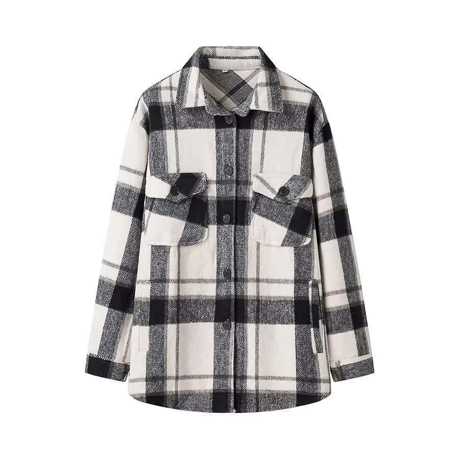 Damen nan kariertes Overshirt im Shacket‑Stil mit aufgesetzten Brusttaschen Drune
