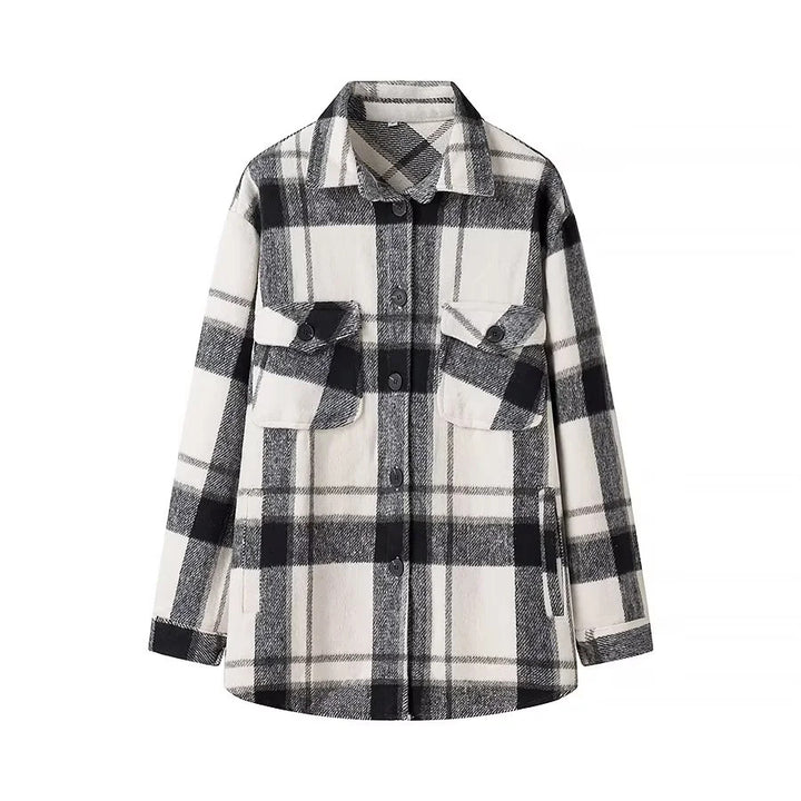 Damen nan kariertes Overshirt im Shacket‑Stil mit aufgesetzten Brusttaschen Drune