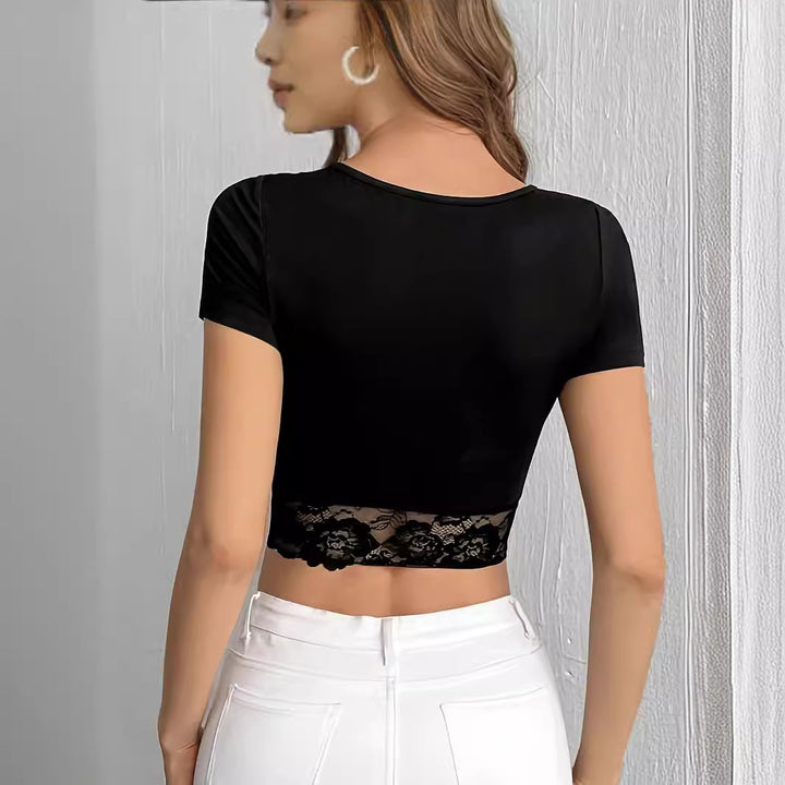 Damen nan kurzes figurbetontes Crop-Top mit gerafftem V-Ausschnitt und transparenter Spitzenborte Drune
