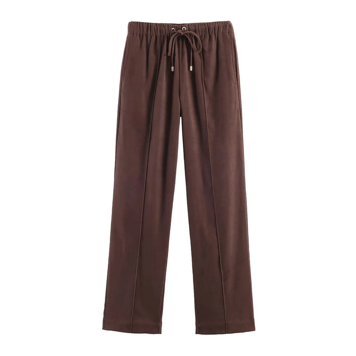 Damen nan gerade geschnittene Velourslederimitat-Hose mit Elastikbund und Kordel Drune