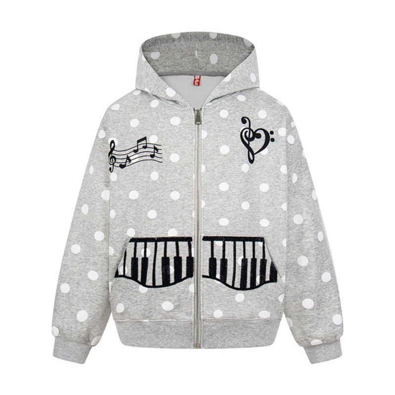 Damen Kapuzen-Sweatjacke im Retro-Punkte-Look mit gestickten Klavier-Taschen und Noten-Emblem Drune