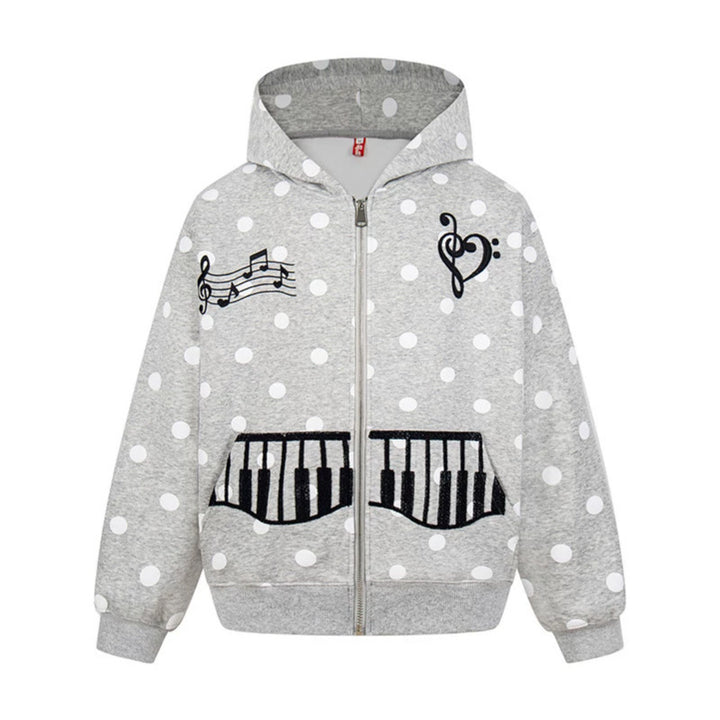 Damen Kapuzen-Sweatjacke im Retro-Punkte-Look mit gestickten Klavier-Taschen und Noten-Emblem Drune