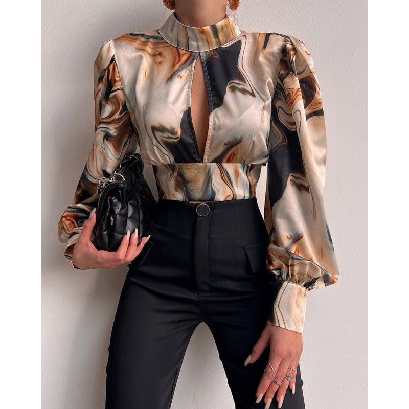 Damen elegante Bluse mit einem raffinierten Schlüsselloch-Ausschnitt und voluminösen Ärmeln Drune