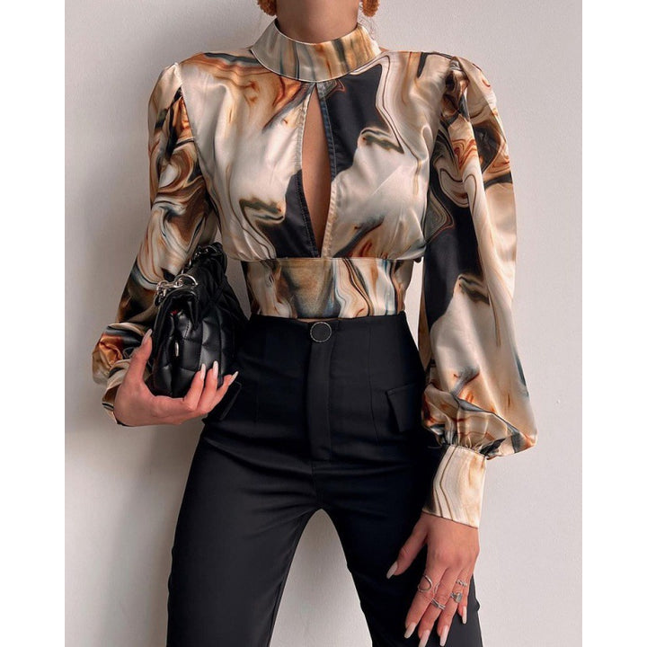 Damen elegante Bluse mit einem raffinierten Schlüsselloch-Ausschnitt und voluminösen Ärmeln Drune