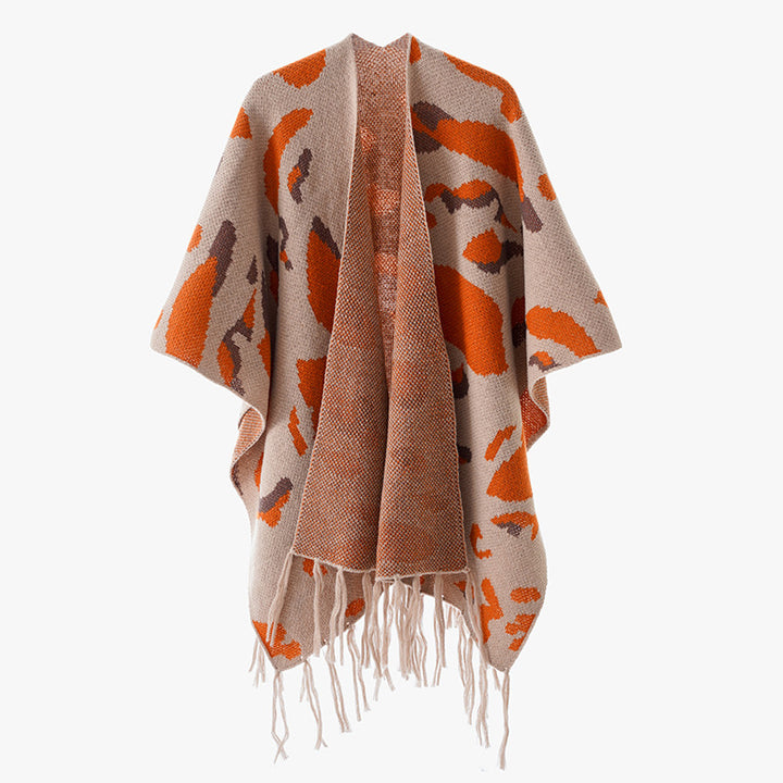 Damen Oversize-Strickponcho mit animalischem Jacquard und Fransensaum Drune