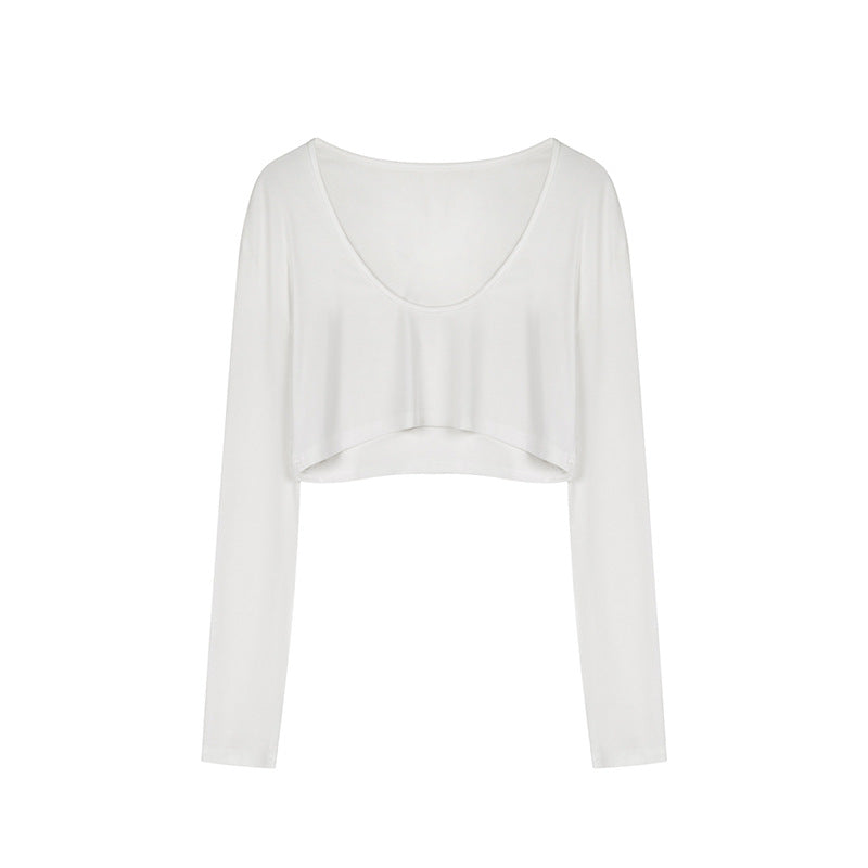Damen Kurz geschnittenes Langarm-Crop-Top mit weitem Rundhals Drune