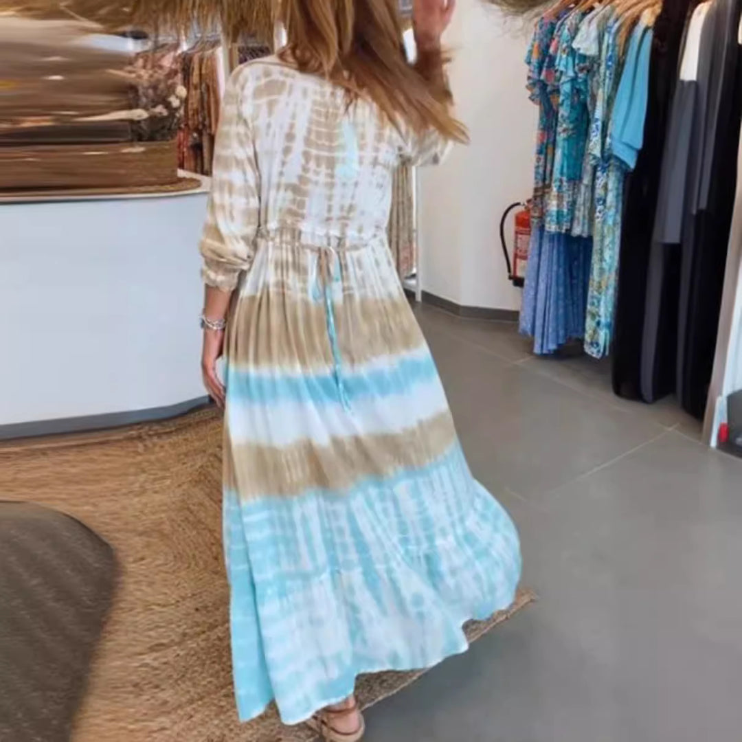 Damen nan luftiges Batik-Stufenkleid mit V-Ausschnitt, Empire-Taille und elastischen Ärmeln Drune