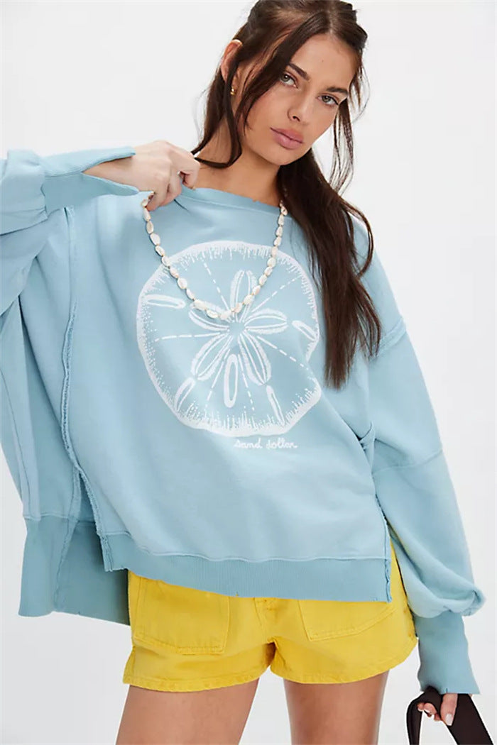 Damen oversized Sweatshirt mit Rüben-Print, ausgefransten Nahtakzenten und Daumenlochärmeln Drune