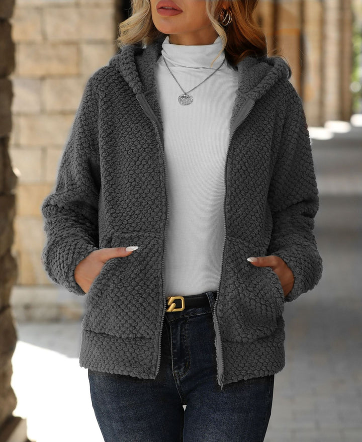 Damen Plüschige Fleecejacke mit Hoodie und Taschen Drune