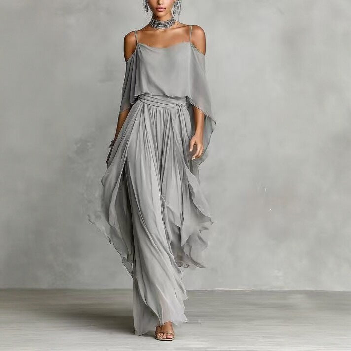 Damen Lange Chiffon Maxi Kleid mit Kaltem Schulter, Spaghetti-Träger und Geschichtetem Cape Drune