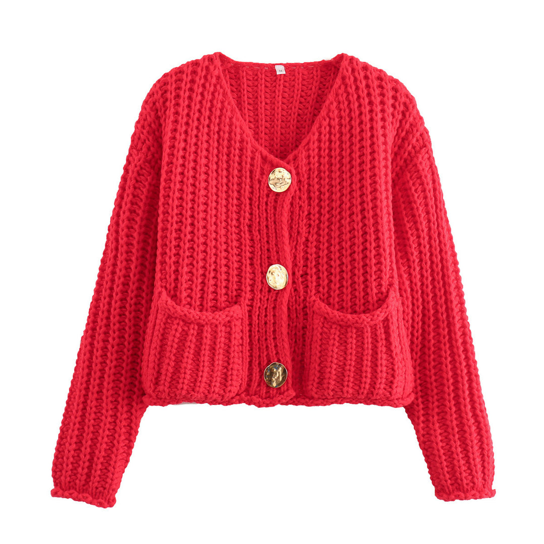 Damen Kurzcardigan im Rippen-Grobstrick mit aufgesetzten Taschen und Statementknöpfen Drune