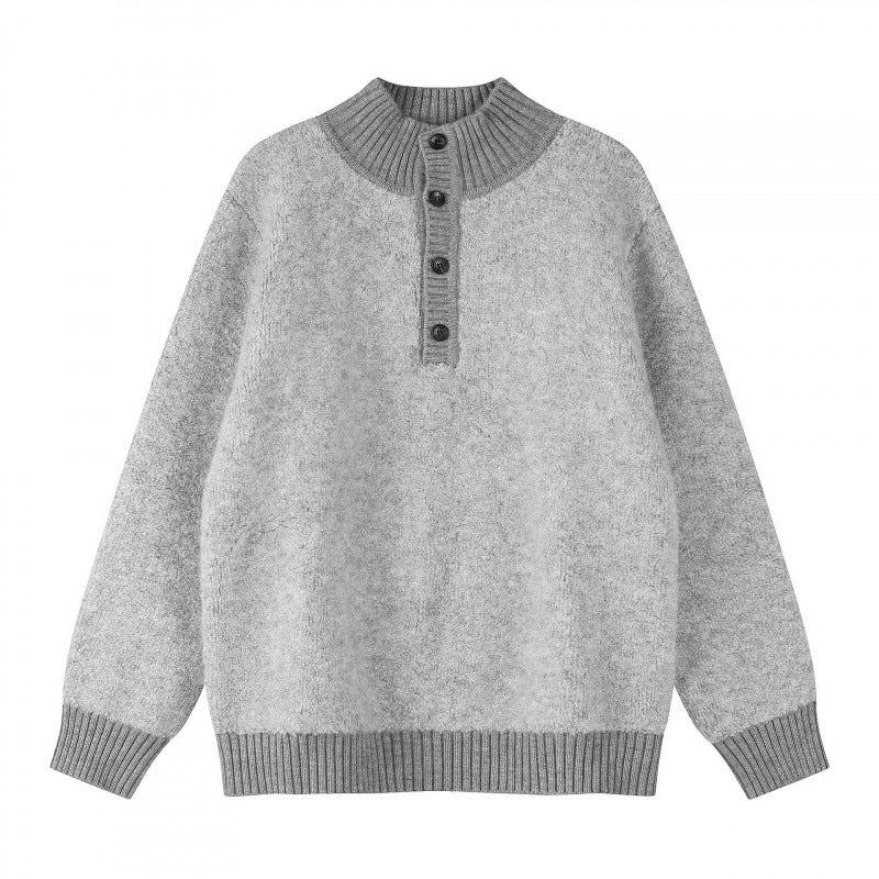 Unisex Boxy-Strickpullover mit Henley-Knopfleiste und hochgezogenem Rippkragen Drune