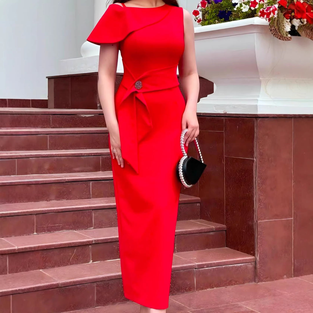 Damen figurbetontes Abendkleid mit asymmetrischer Schulter und Taillengürtel Drune
