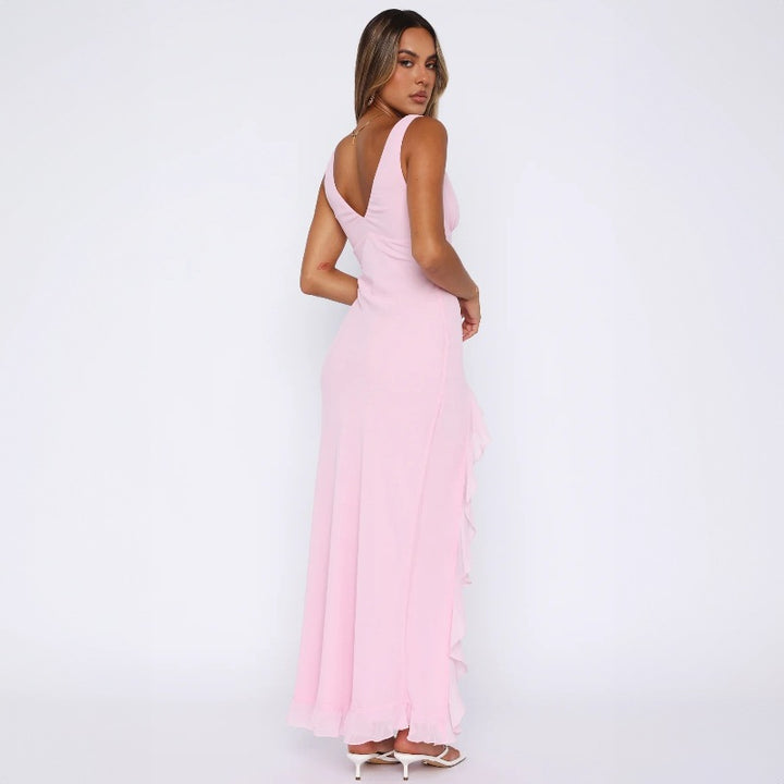 Damen Maxikleid mit tiefem Schlitz und eleganten Rüschendetails Drune