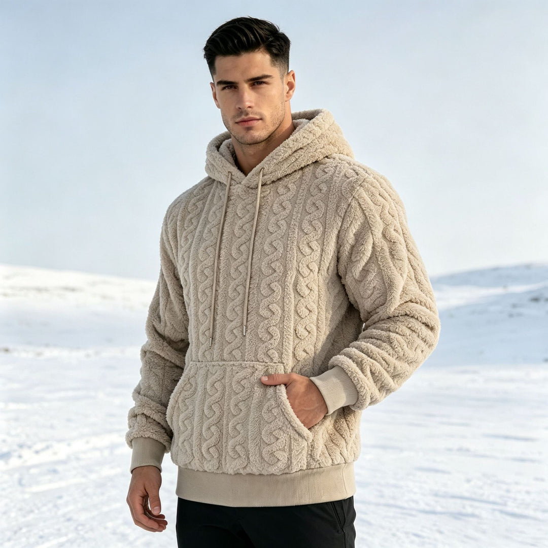 Herren Sherpa-Kapuzenpullover mit Zopfmuster, Kängurutasche und Rippbündchen Drune