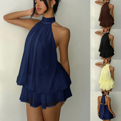 Damen Ärmelloser Chiffon-Playsuit mit hohem Stehkragen, gerafftem Oberteil und Stufen-Shorts Drune