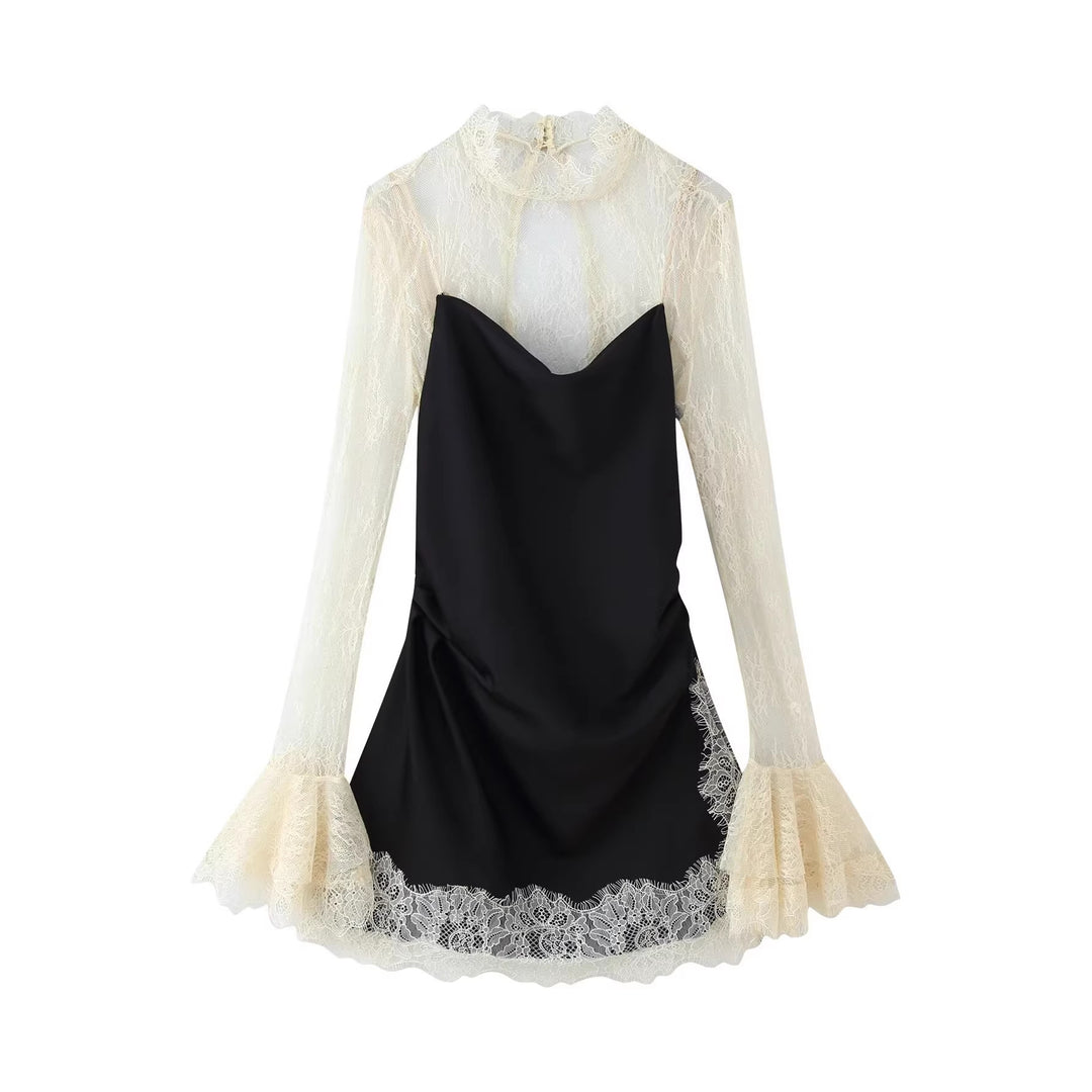 Damen Elegantes Slipkleid mit Spitzen-Overlay, Stehkragen und Volantärmeln Drune