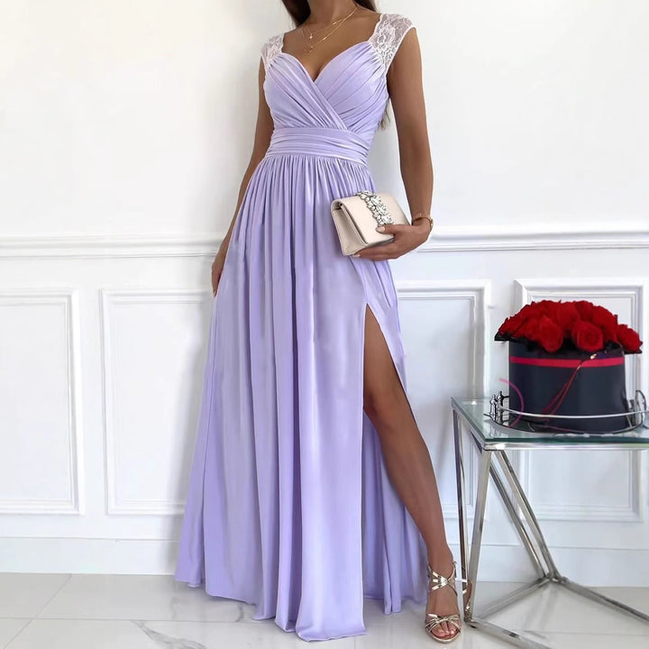 Damen elegantes Maxikleid mit Spitzenärmeln und seitlichem Schlitz Drune