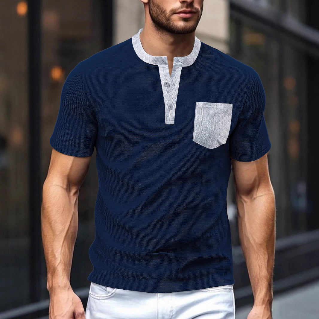 Herren nan atmungsaktives Waffel-Henleyshirt mit Stehkragen kurzer Knopfleiste und aufgesetzter Brusttasche Drune