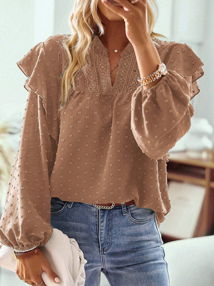 Damen Viskose-Bluse mit Spitzenstickerei und Volantärmeln Drune