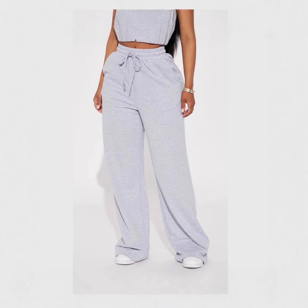 Damen nan breite High-Waist Loungehose aus weichem Baumwollmix mit Kordelzug und Eingrifftaschen Drune