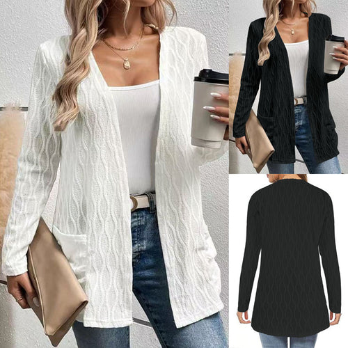 Damen Offene Strickjacke mit strukturierter Wellenoptik und aufgesetzten Taschen Drune