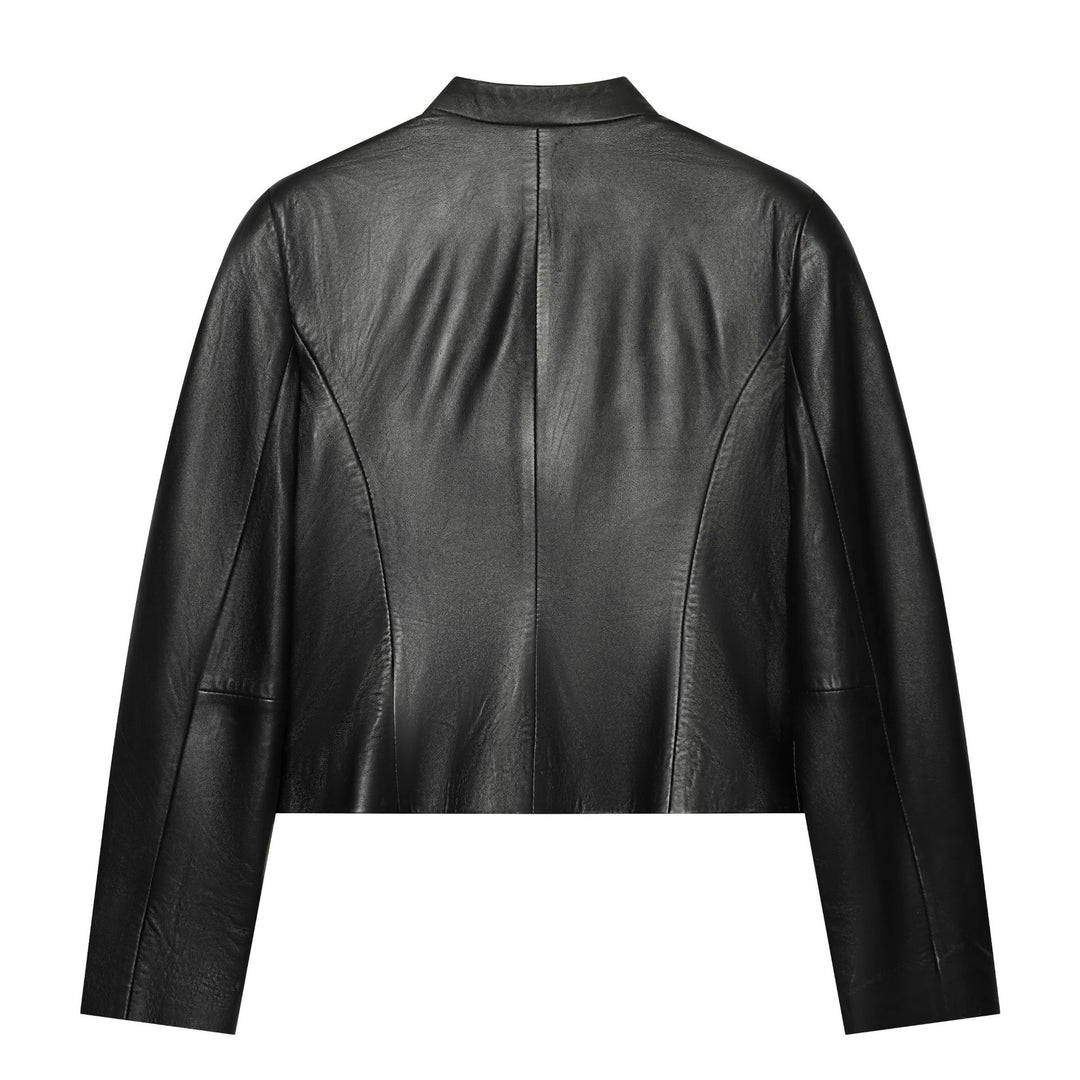 Damen Cropped Kunstlederjacke im Mandarin Militärestik mit Zierkordeln und Stehkragen Drune