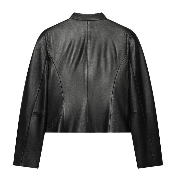 Damen Cropped Kunstlederjacke im Mandarin Militärestik mit Zierkordeln und Stehkragen Drune