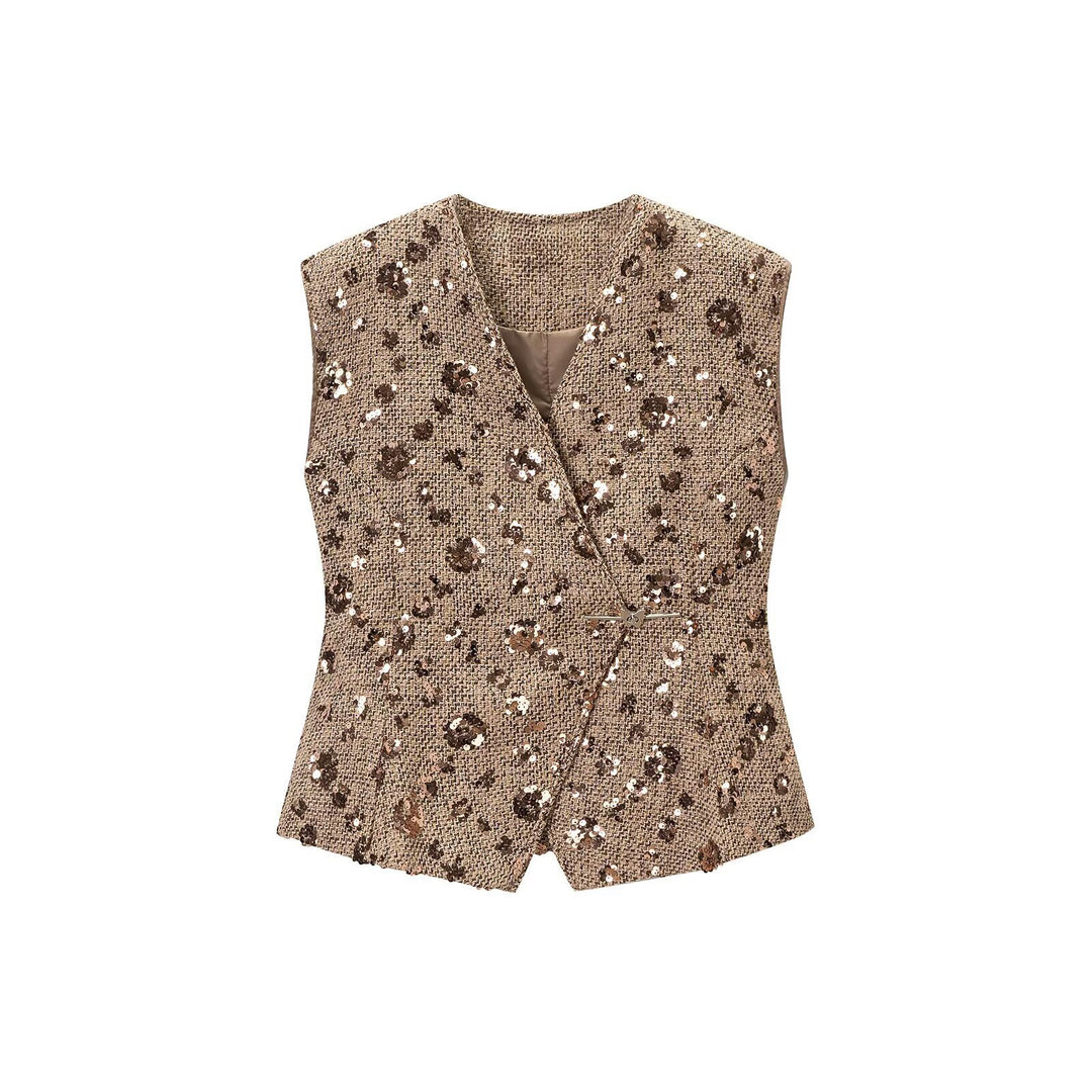 Damen Ärmellose Glitzer-Tweed-Weste mit Wickeloptik und Paillettenbesatz Drune