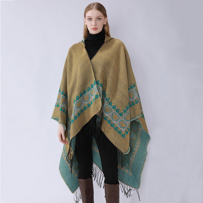 Damen Kapuzen-Capeponcho aus Wollmix mit Herz-Jacquard und Fransensaum Drune
