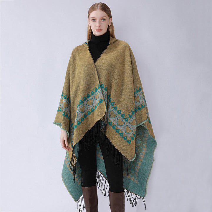 Damen Kapuzen-Capeponcho aus Wollmix mit Herz-Jacquard und Fransensaum Drune