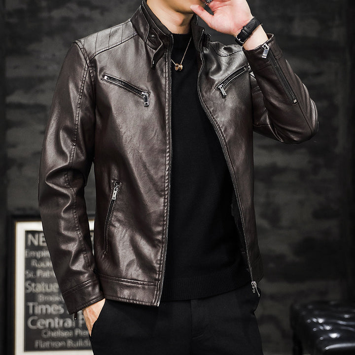 Herren Moderne Kunstlederjacke mit Stehkragen und Reißverschlusstaschen Drune