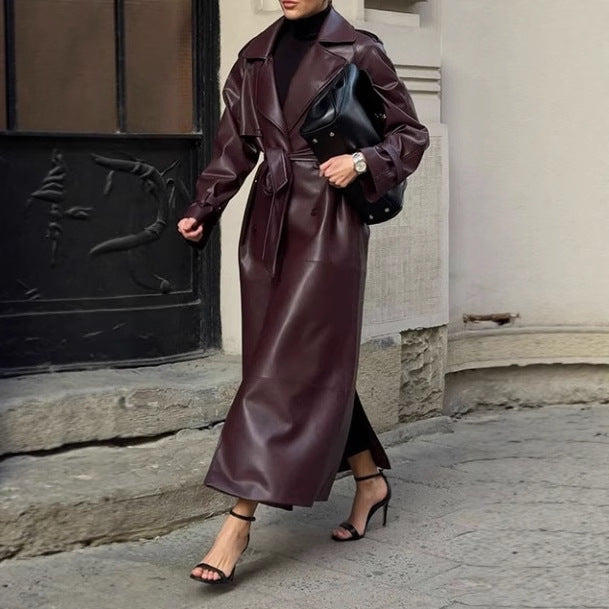 Damen eleganter Kunstleder-Trenchcoat mit taillierbarem Gürtel und praktischen Taschen Drune
