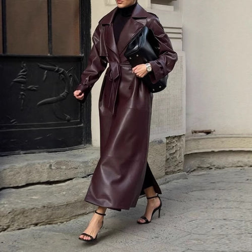 Damen eleganter Kunstleder-Trenchcoat mit taillierbarem Gürtel und praktischen Taschen Drune