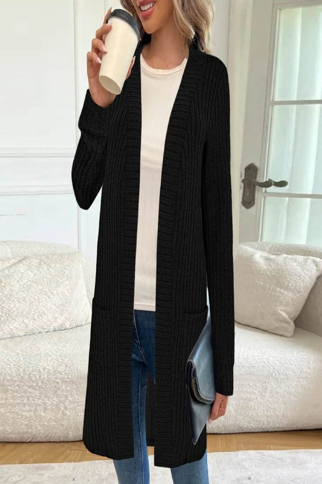 Damen Langer Feinstrick-Cardigan mit Rippenstruktur, offenen Kanten und Eingrifftaschen Drune