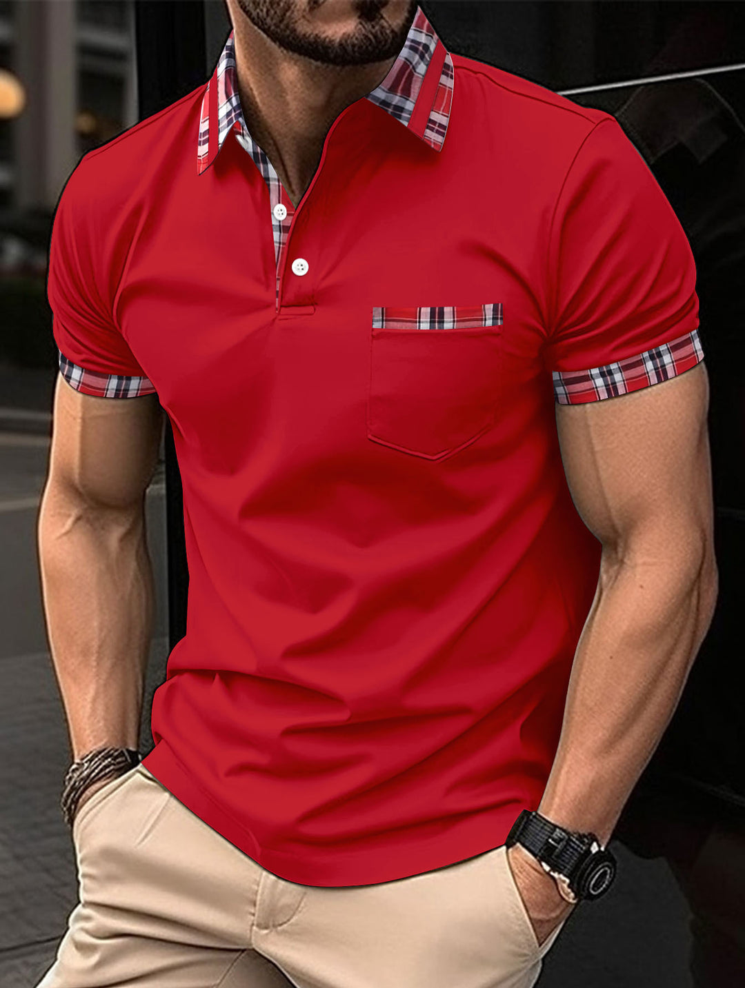 Herren Kurzarm-Casual-Polo mit markanten Karodetails Drune