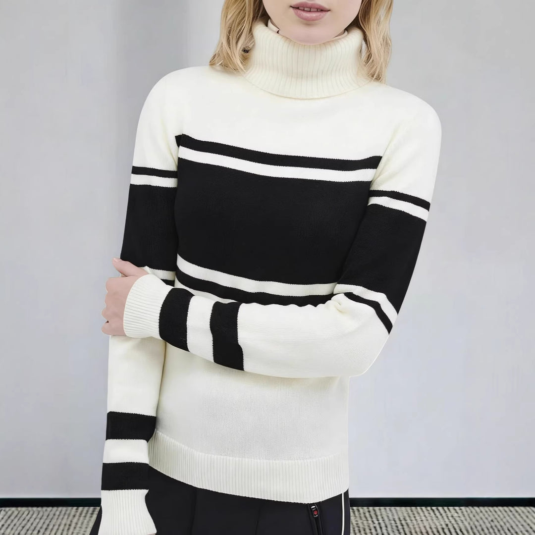Damen langes Rollkragen Strickkleid mit Sternmotiv, Blockstreifen und elastischem Rippbündchen Drune