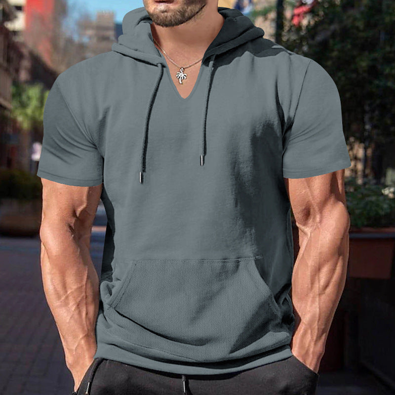 Herren lässiges Kapuzenshirt mit V-Ausschnitt und praktischer Bauchtasche Drune
