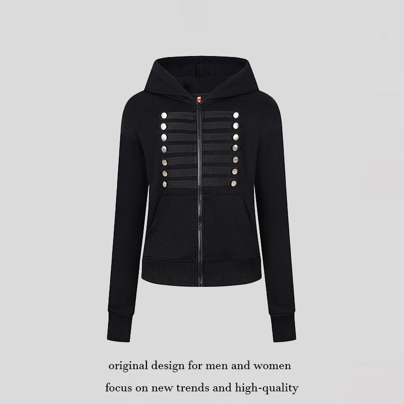 Damen Kapuzen-Sweatjacke mit dekorativer Militär‑Bortenleiste und Zierknöpfen Drune